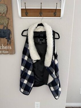 Me Jane Navy & Gray Plaid Vest with Sherpa Trim